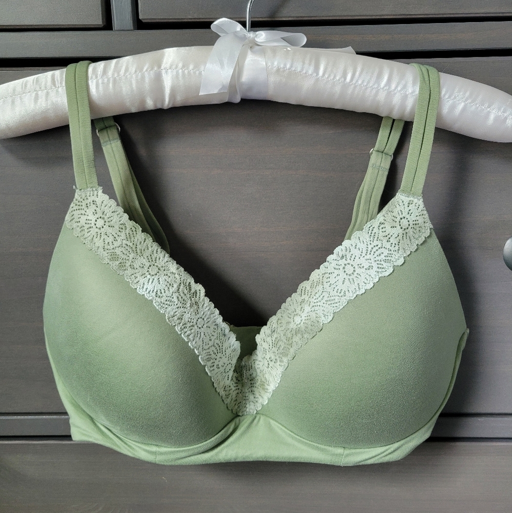 AERIE Real Sunnie Wireless Green Push-Up Bralette With Lace, 32DD